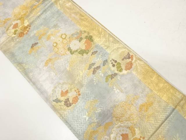 中村源織物製　雪輪に蝶・花模様織り出し袋帯【中古】【着】