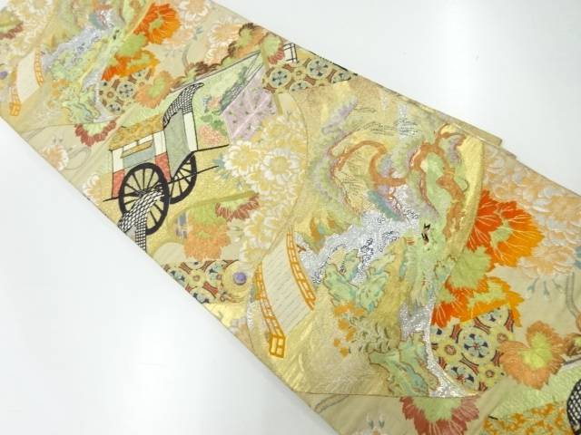 初代龍村平蔵製　御所車に読本模様織出し丸帯（材料）【アンティーク】【中古】【着】