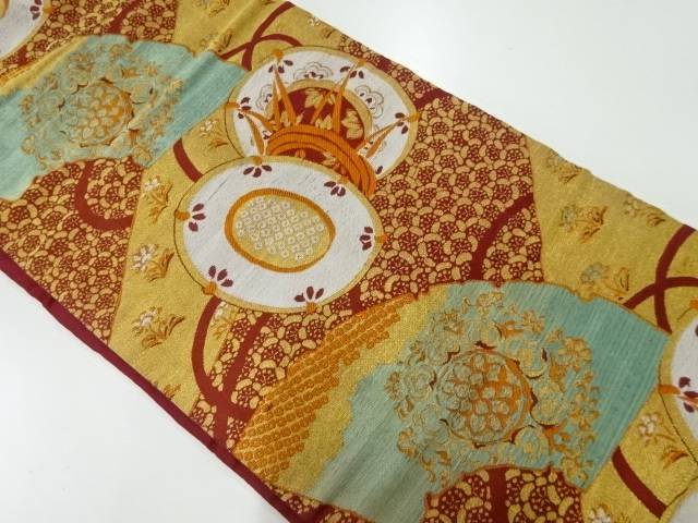 鼓に破れ色紙・花模様織出し名古屋帯(材料)【アンティーク】【中古】【着】