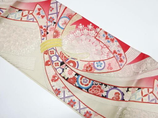 束ね熨斗に華紋・古典柄織り出し袋帯【中古】【着】 束ね熨斗に華紋・古典柄織り出し袋帯【中古】【着】