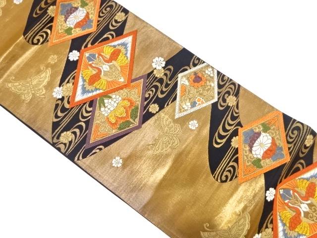 菱に向かい鶴・菊桐模様織り出し袋帯(材料)【アンティーク】【中古】【着】