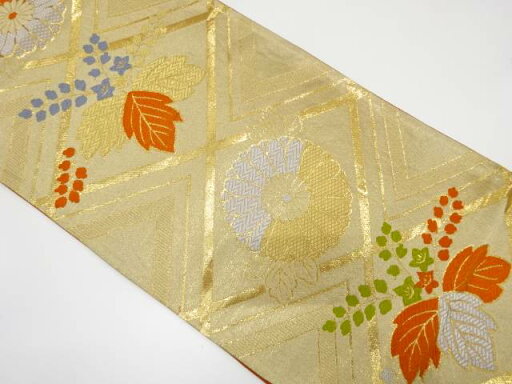 斜め格子に桐・菊模様織り出し袋帯(着用可)【アンティーク】【中古】【着】 斜め格子に桐・菊模様織り出し袋帯(着用可)【アンティーク】【中古】【着】