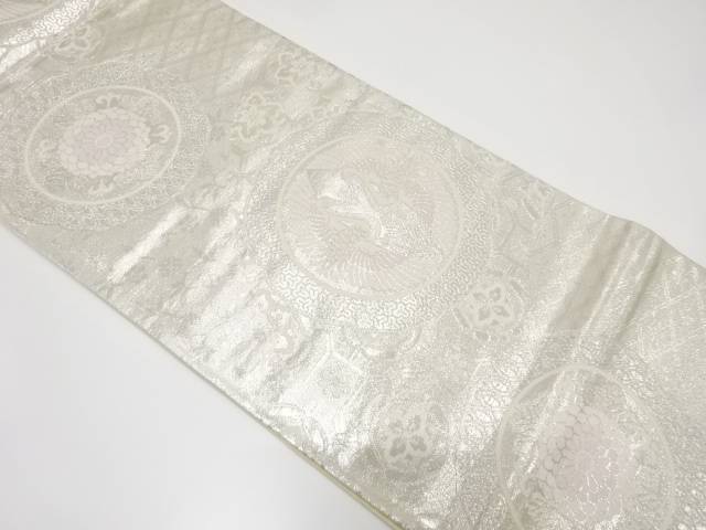 絵皿に向かい鶴・菊模様織り出し袋帯（着用可）【アンティーク】【中古】【着】