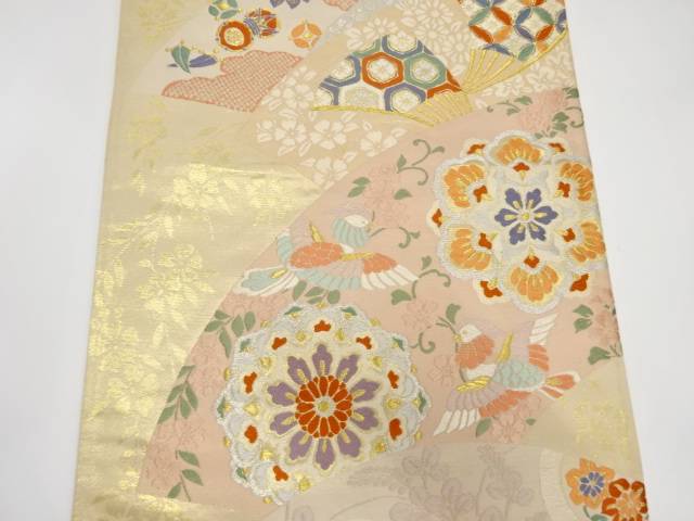 地紙に花喰い鳥・華紋織り出し袋帯【中古】【着】