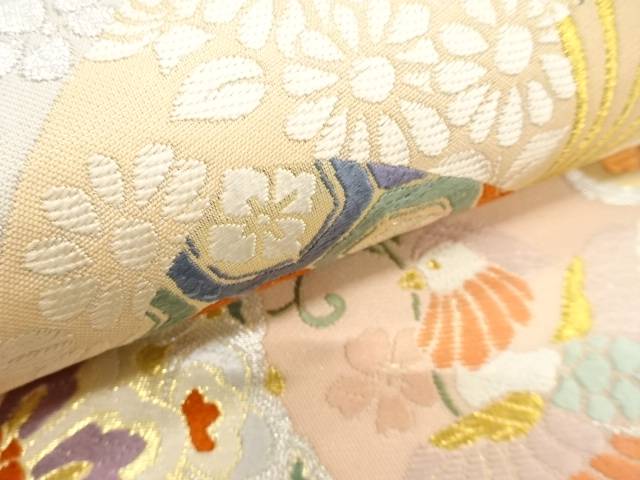 地紙に花喰い鳥・華紋織り出し袋帯【中古】【着】
