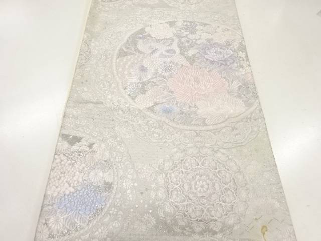 アンティーク　鏡裏に花鳥模様織出し袋帯（材料）【Pnt】