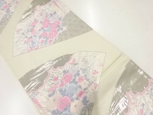 アンティーク 扇面に草花・古典柄模様織出し袋帯(材料)【Pnt】