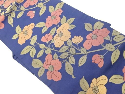 椿に葉模様織出し名古屋帯【中古】【着】 椿に葉模様織出し名古屋帯【中古】【着】