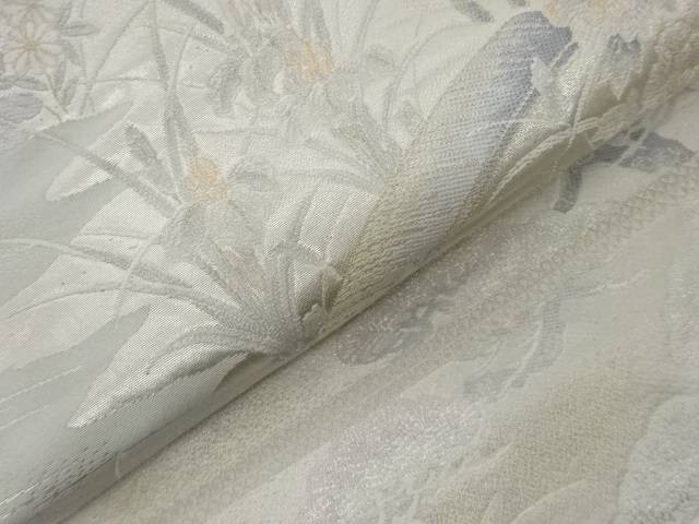 茶屋辻に草花・鴛鴦風景模様織出し袋帯【中古】【着】