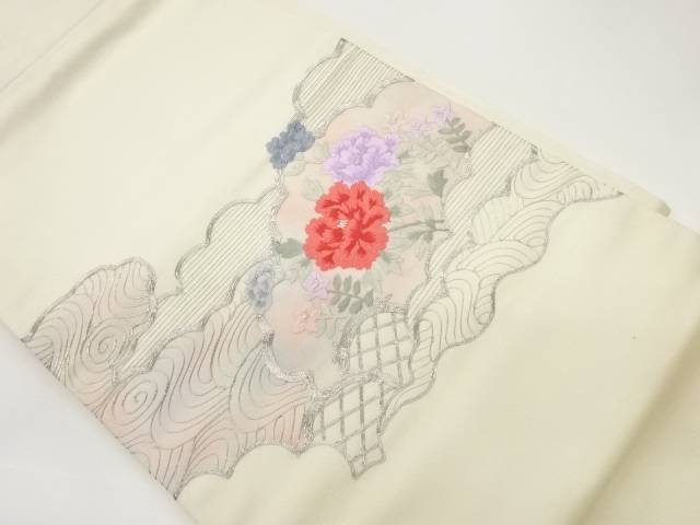 銀駒刺繍雲に草花・流水模様名古屋帯【中古】【着】