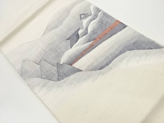 手織り紬すくい織山並みに家屋模様織出し名古屋帯【中古】【着】