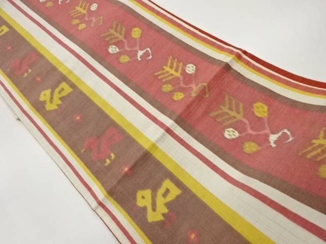 手織り紬縞に抽象草花・鳥模様織出し全通洒落袋帯【中古】【着】