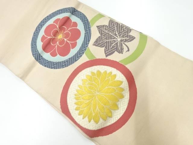 丸に梅菊楓模様織出し袋帯(材料)【アンティーク】【中古】【着】【sp_off】