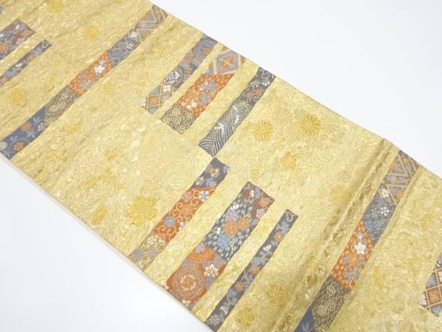 変わり横段に流水・草花模様織り出し袋帯【中古】【着】