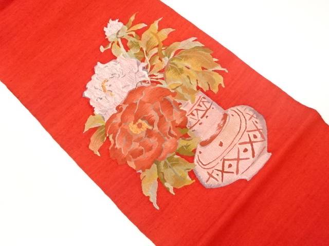 手織り紬花瓶に草花模様織出し袋帯【中古】【着】