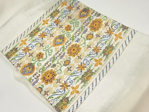 横段に花菱・花唐草模様織出し名古屋帯【中古】【着】 横段に花菱・花唐草模様織出し名古屋帯【中古】【着】