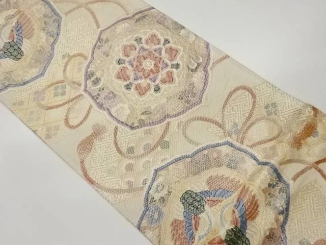 佐賀錦鏡裏に向かい鶴・華文・古典柄模様織出し袋帯【中古】【着】