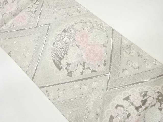 プラチナ箔菱に牡丹・菊・花唐草模様織出し袋帯【中古】【着】