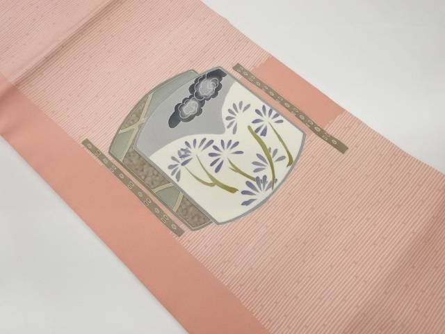 作家物　塩瀬変わり色紙に抽象花・雲模様名古屋帯【中古】【着】