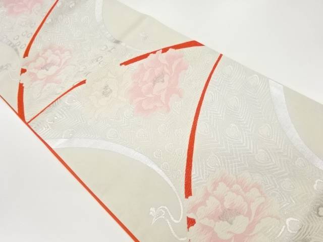 孔雀に牡丹模様織出し袋帯【中古】【着】