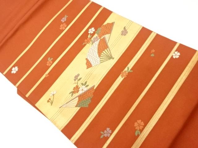 【中古】横縞に扇子・桜模様織出し名...