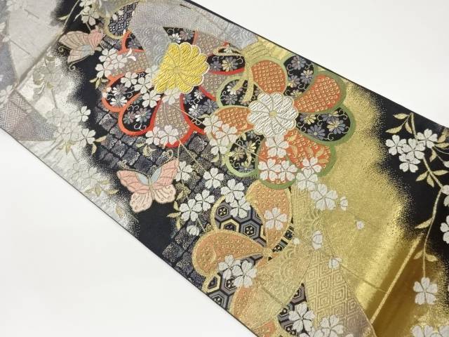 束ね熨斗に枝垂れ桜・蝶・菊唐草模様織出し袋帯【中古】【着】