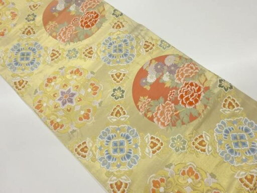 華紋・丸文に花葉模様織出し袋帯【中古】【着】 華紋・丸文に花葉模様織出し袋帯【中古】【着】