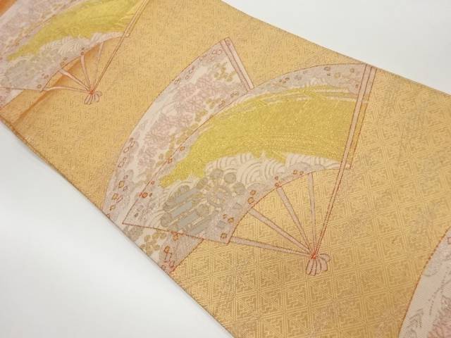 本場筑前博多扇に橋・水車・菊模様織出し袋帯【中古】【着】