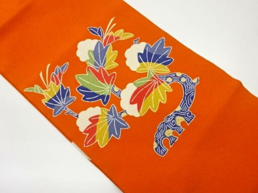 縮緬地型染葉模様名古屋帯【中古】【着】 縮緬地型染葉模様名古屋帯【中古】【着】