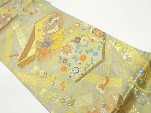 文箱に鶴・華紋・草花模様織出し袋帯【中古】【着】 文箱に鶴・華紋・草花模様織出し袋帯【中古】【着】