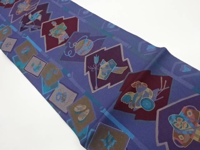 縮緬地松皮菱に絵馬玩具模様開き名古屋帯(額縁仕立て)【中古】【着】