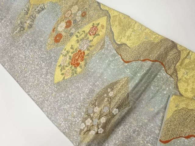 地紙に草花・道長取り・流水模様織出し袋帯【中古】【着】