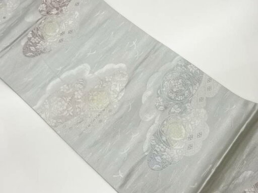 雲取りに花唐草・菱・松葉・鳥模様織出し袋帯【中古】【着】 雲取りに花唐草・菱・松葉・鳥模様織出し袋帯【中古】【着】