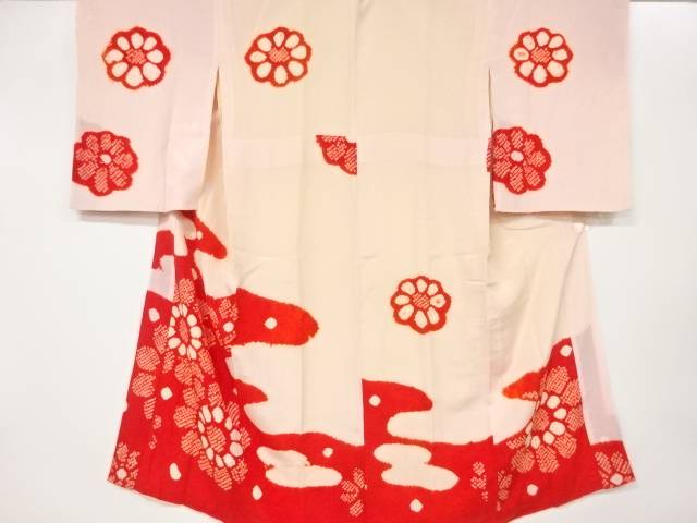 錦紗絞り霞に花模様長襦袢【アンティーク】【中古】【着】