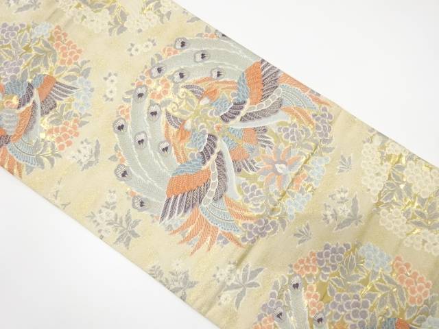 24K本金箔　向かい鳥に草花模様織り出し袋帯【中古】【着】