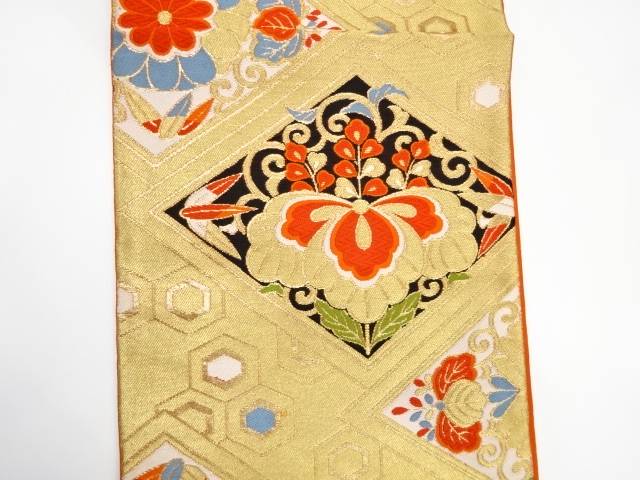 菱に桐・花唐草模様織り出し袋帯（着用可）【アンティーク】【中古】【着】