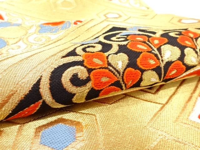 菱に桐・花唐草模様織り出し袋帯（着用可）【アンティーク】【中古】【着】