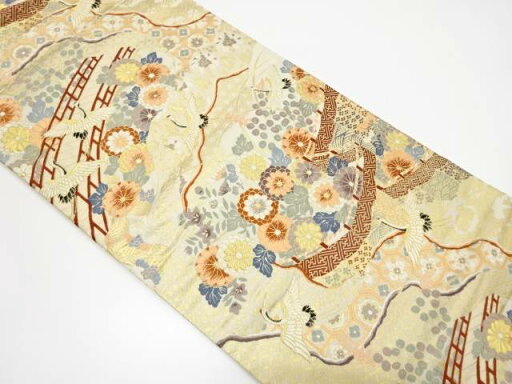 貝桶に鶴・秋草模様織り出し袋帯【中古】【着】 貝桶に鶴・秋草模様織り出し袋帯【中古】【着】