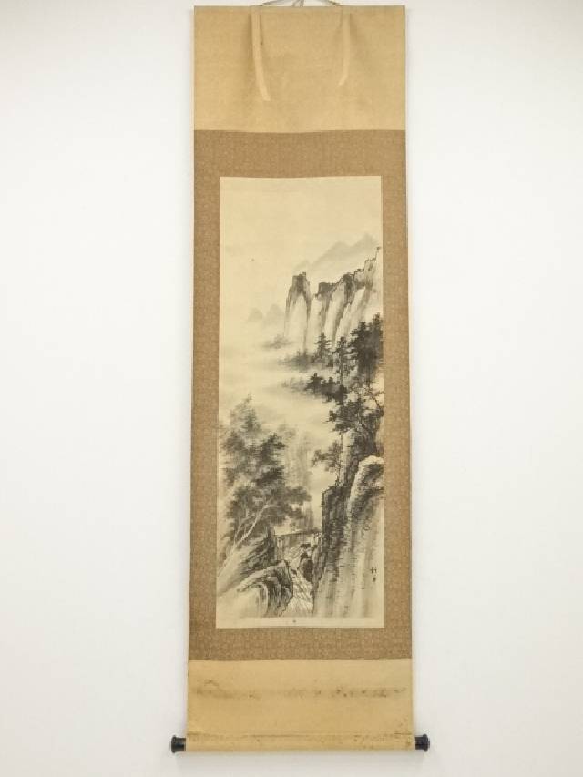 松年筆　山水　肉筆絹本掛軸（箱付）【中古】【道】