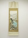 吉岡蕉琴筆 彩色山水 肉筆絹本掛軸(共箱)【中古】【道】