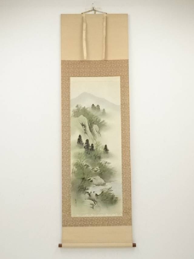 青浦筆　山水　肉筆絹本掛軸【中古】【道】