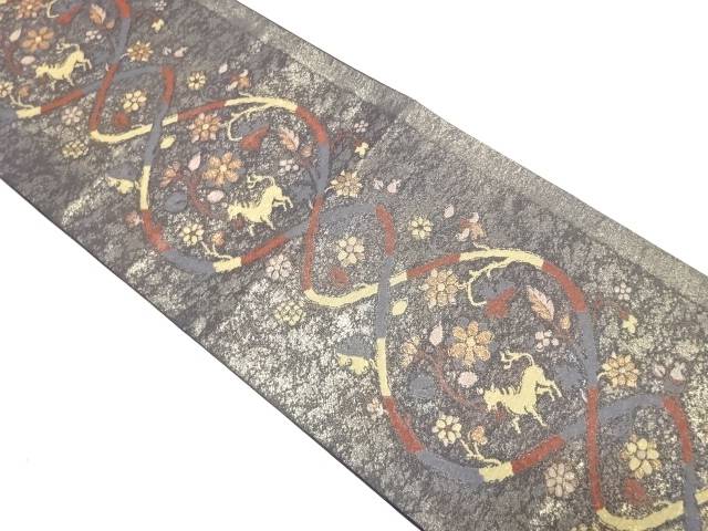 渡文製　引箔　花唐草に動物模様織り出し袋帯【中古】【着】