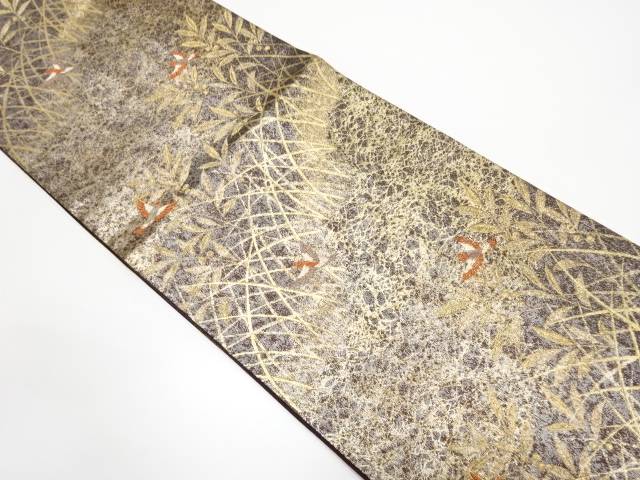 引箔 草葉に鳥模様織り出し袋帯【中古】【着】
