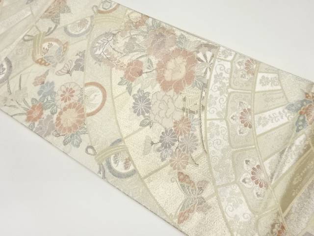 源氏車に花々・蝶模様織り出し袋帯【中古】【着】(4)