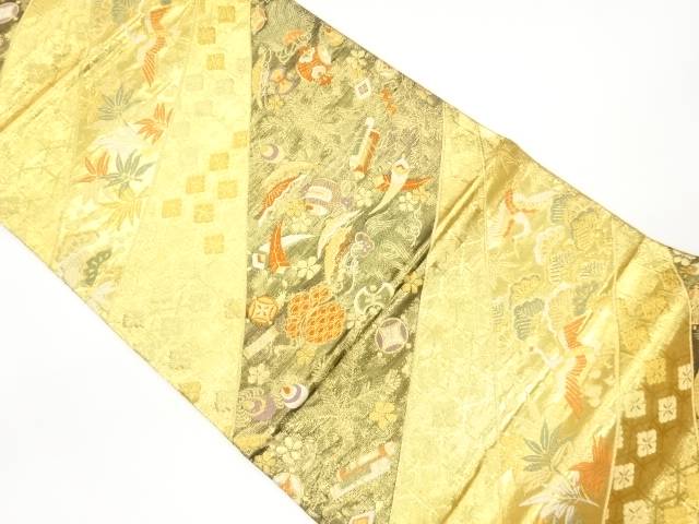 宝尽くしに松竹梅・鶴模様織出し袋帯【中古】【着】