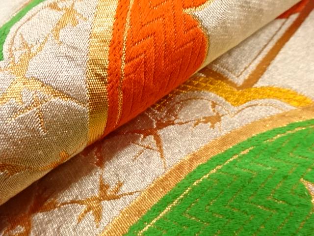 地紙に雲模様織り出し袋帯（材料）【アンティーク】【中古】【着】