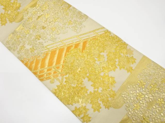 橋に桜・楓模様織り出し袋帯（材料）【アンティーク】【中古】【着】