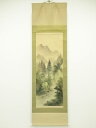 春鳳筆 彩色山水 肉筆絹本掛軸(保護箱)【中古】【道】