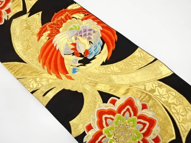 鳳凰に束ね熨斗・華紋織り出し袋帯(材料)【アンティーク】【中古】【着】