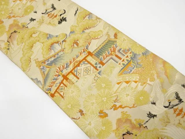 屋敷風景・鶴模様織り出し丸帯(材料)【アンティーク】【中古】【着】